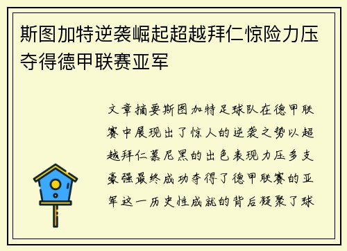 斯图加特逆袭崛起超越拜仁惊险力压夺得德甲联赛亚军 斯图加特逆袭崛起超越拜仁惊险力压夺得德甲联赛亚军